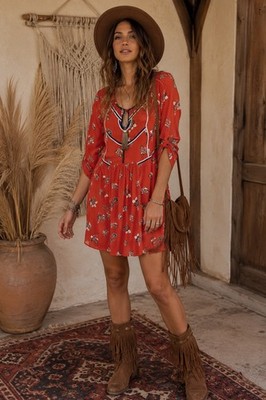 Free People Clara Dress Women S Floral Red Front Tie Tunic 3/4 Sleeve Mini Boho