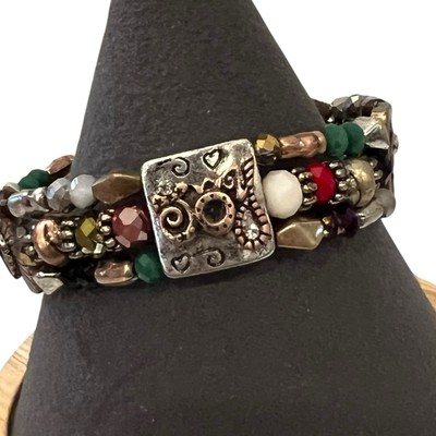 GORGEOUS MULTI-STRAND STRETCH BRACELET BEADS CRYSTALS JOY METAL SQUARES NWOT