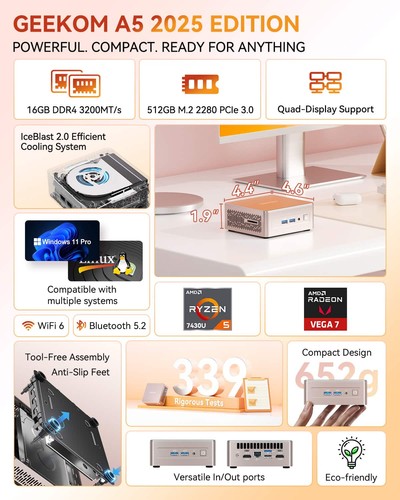 Geekom A5 2025 Edition Mini PC, AMD Ryzen 5 7430U, 16GB DDR4 RAMu0026 512GB M.2 - Afbeelding 3 van 12