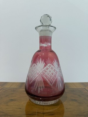 Antique French Crystal Decanter | 1900s Red Cut Glass | 25cm Liquor Carafe |