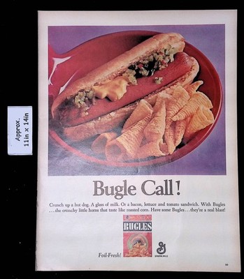 1967 GENERAL MILLS BUGLES SNACK Bugle Call Crunch Up A Hot Dog  Print Ad 53121