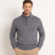 Polo Ralph Lauren Mens Large Navy Marled 100 Cotton Button Mock Neck Sweater