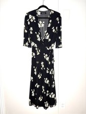 Reformation Amanda Midi Wrap Dress 3/4 Sleeves In Black Floral Print Size XL