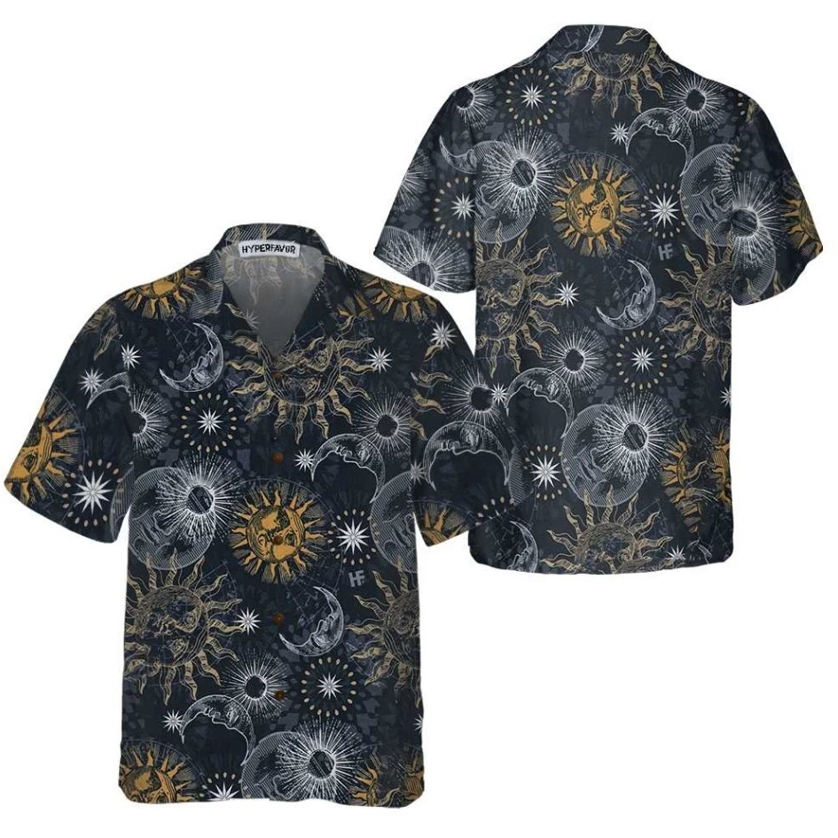 Moon And Sun Hawaiian Shirt, Space Themed Shirt, Planet Button Up Shirt For Adul