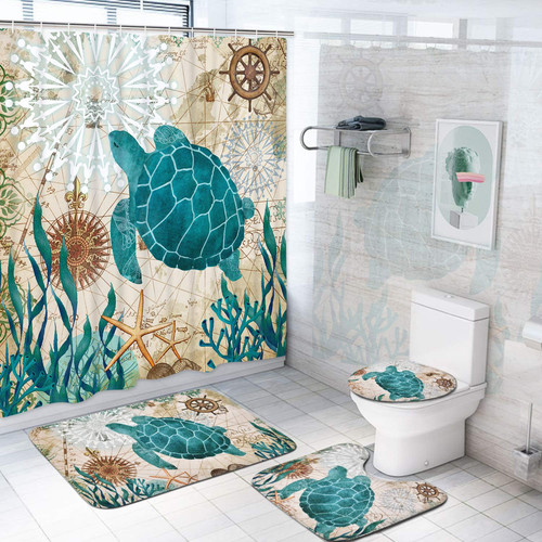 Sea Turtle Shower Curtain Sets with Non-Slip Rugs Toilet Lid Cover and Mat Na...