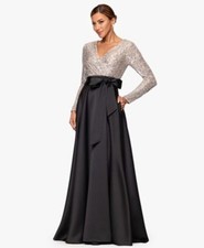 XSCAPE Womens  Long Sleeve Sequin Top Ballgown Skirt Black Silver Size 16 NEW