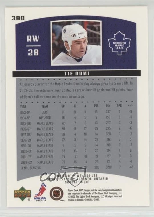 2003-04 Upper Deck MVP Tie Domi #398 - Image 2 of 2