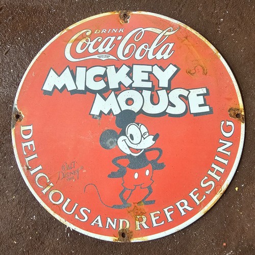 VINTAGE COCA COLA 1920 MOUSE RED GASOLINE OIL GAS PUMP ENAMEL PORCELAIN SIGN