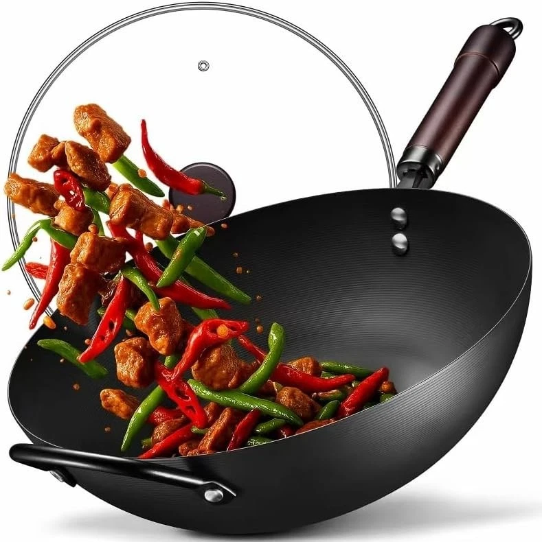 13"Carbon Steel Woks & Stir-Fry Pans Pre-Seasoned 5.8QT Flat Bottom Chinese Wok
