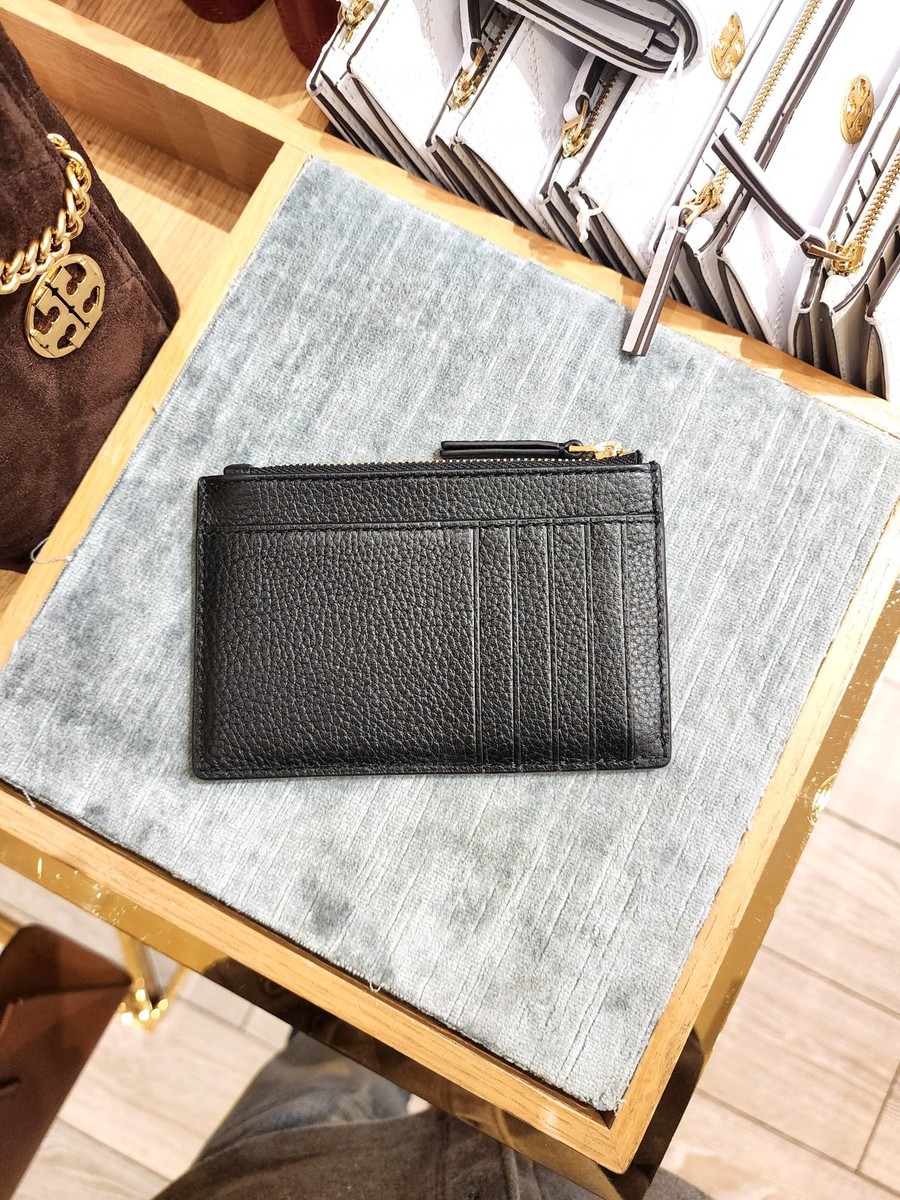 Authentic New Tory Burch Britten Black Pebbled Leather Zip Card
