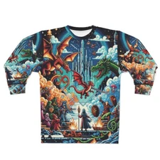 All Over Sweatshirt Retro Video Game Battle 8-bit Dragon Wizard Quest Magic Art