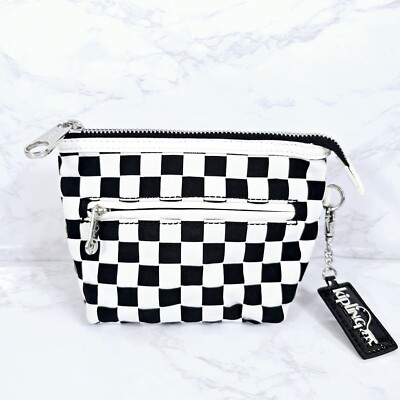 Kipling Bright Checkers Black And White Woven Small Cosmetics Bag