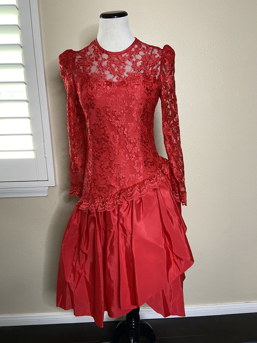 vintage Alicia 80s red lace prom dress Lidia Beetlejuice size 7/8 S/M