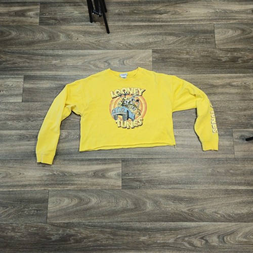 Vintage Looney Tunes Cropped Top Long Sleve Sweatshirt Pullover Shirt YellowSz S - Picture 11 of 24