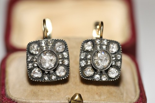 New Handmade 18k Gold Top Silver Natural Rose Cut Diamond Decorated Earring