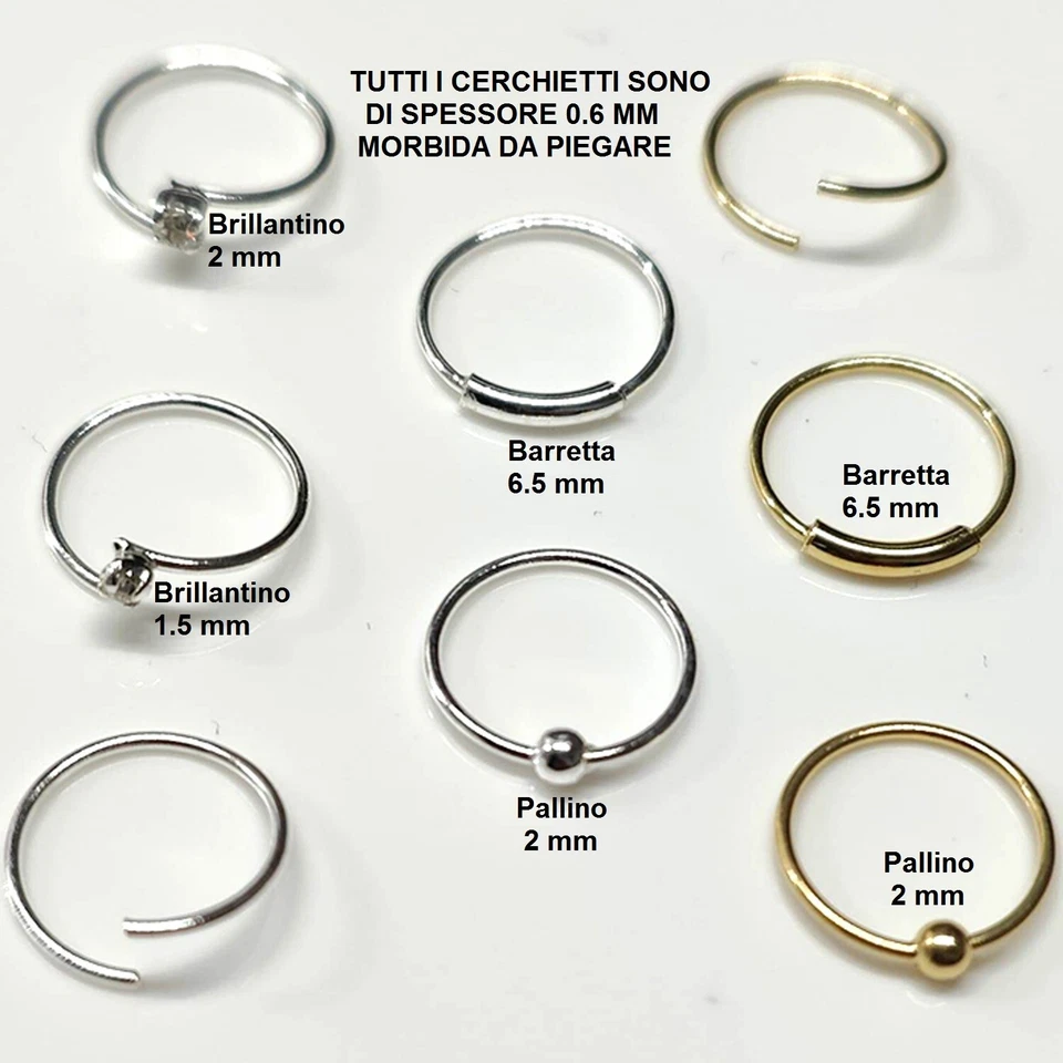 8 PIERCING CERCHIETTO NASO  ARGENTO 925‰ CARTILAGINE TRAGO  ORO & ARGENTO - Immagine 2 di 4