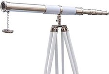 Nautical Floor Standing Chrome White Leather Admiral Telescope 60" - Telescope