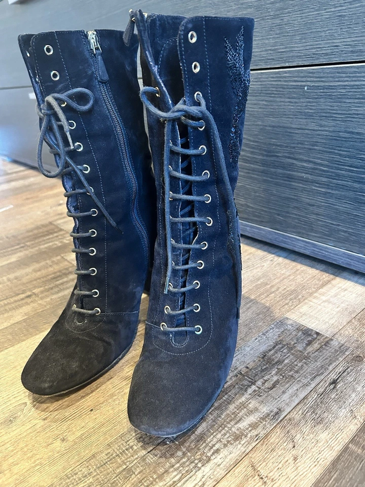 Red Valentino Suede Sequin Lace Up Boots Heels Black 40 $995 - Image 3 of 4