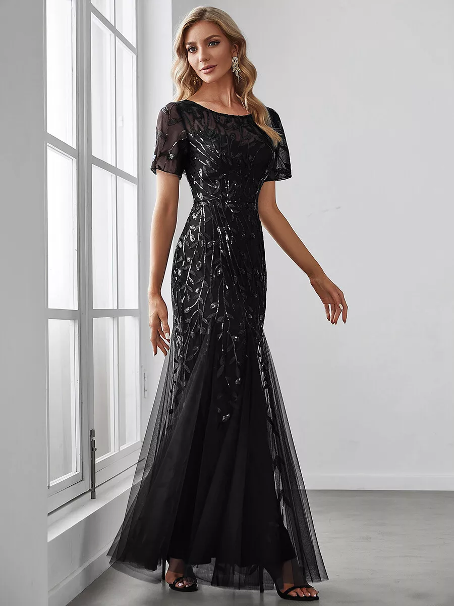 Elegant Long Evening Dress  Half Sleeves Fishtail with Sequins