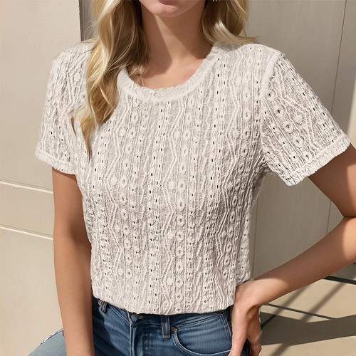 Women's Eyelet Embroidery Short Sleeve Tops Shirts Solid Crewneck Retro T-Shirts - Picture 3 of 14
