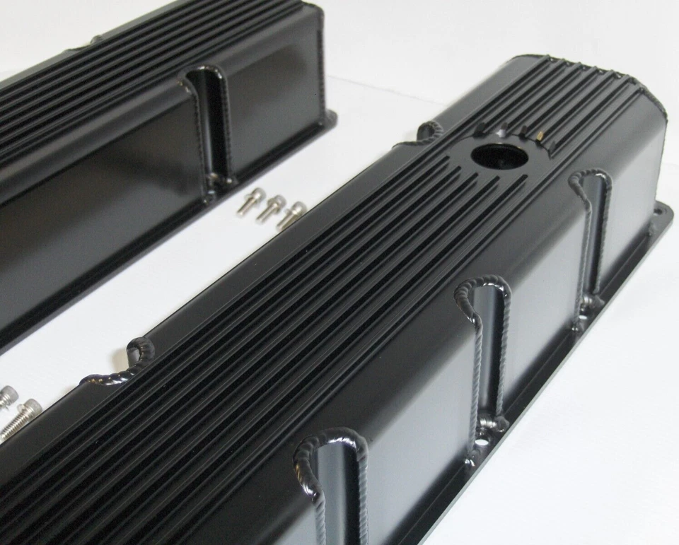 Cubiertas de válvula de aluminio fabricadas con aletas negras para Jeep 304 360 390 401 1976-87 Foto 3 de 4
