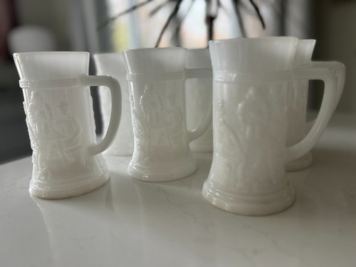Federal Milk Glass Tavern Scene Beer Steins Mugs (Set of 6) No Stamp 6" MG8 - Picture 3 of 3