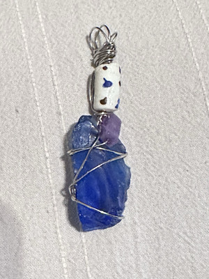 Pendant, Beach Glass, Ceramic Bead, Wire Wrapped Handmade Art To Wear 4226 Y