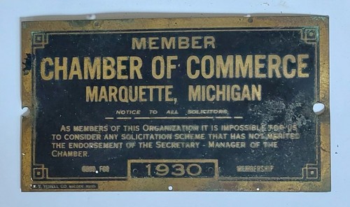 Marquette MICHIGAN Antique Brass Plaque 1930