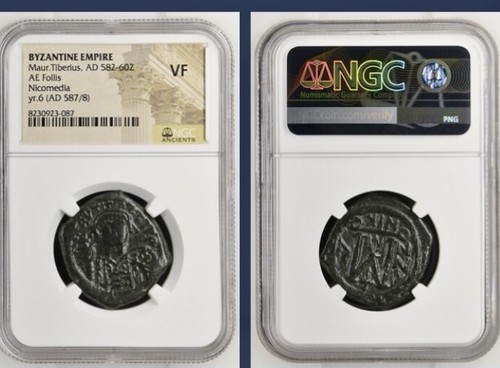 Antike byzantinische Maurice Tiberius NGC bewertet VF 582-602AD Follis echte Münze - Bild 1 von 11