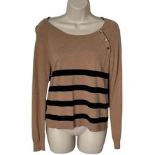 Loft Striped Button Shoulder Scoop Neck Sweater Tan Black Sz S Casual Knit