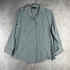 Ming Wang Striped Button Up Top Womens Large Gray White Long Sleeve Collared