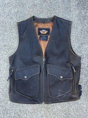 Harley Davidson BILLINGS Distressed Vest Brown Leather Motorcycle Size MEDIUM