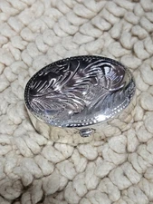 Sterling Silver pill box case oval shape engraved/etched solid 925 silver