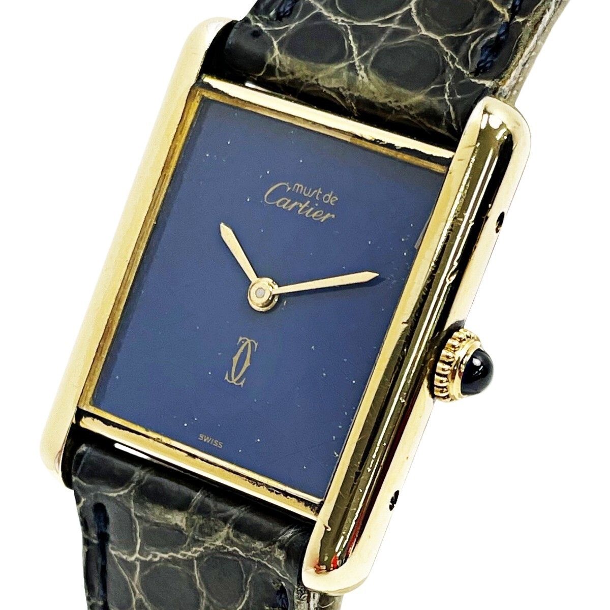 Cartier Tank Vermeil Mens Watch Navy Blue Leather Hand-Wind Used From Japan