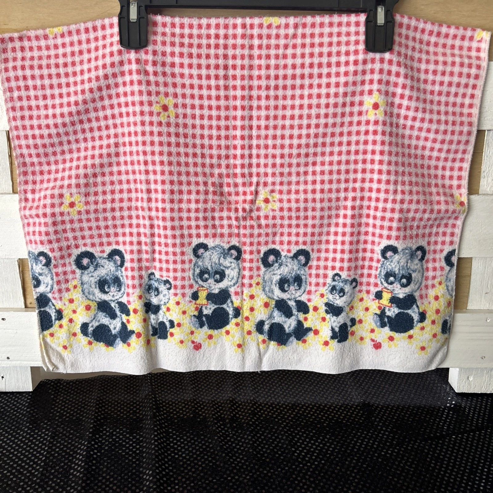 1970s Panda Bears Receiving Blanket Red White Gingham Check Cotton Flannel VTG