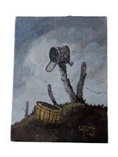 W.T. Zivic 1972 Original Oil Painting Mailbox Animal Design Rustic Moody country