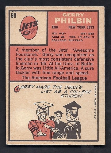 Gerry Philbin New York Jets 1966 Topps Card #98 - Picture 2 of 2