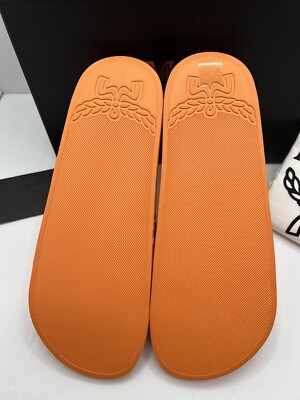MCM Mens Persimmon Orange Monogram Print Rubber Slides Size  display picture 1