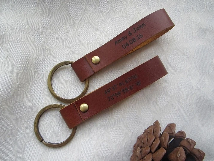 Personalized Couple Leather keychain 3rd Anniversary Key Fob Custom Engraved - Image 2 of 4