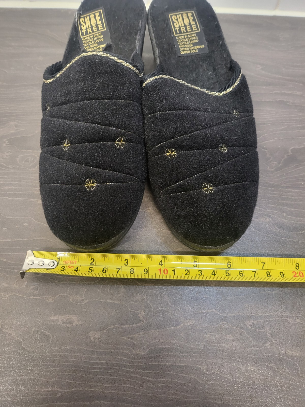 SAOLA Pantofole Zeppa Donna Taglia 7 (40) Nero Oro Suola Plastica Tomaia Tessuto Finto