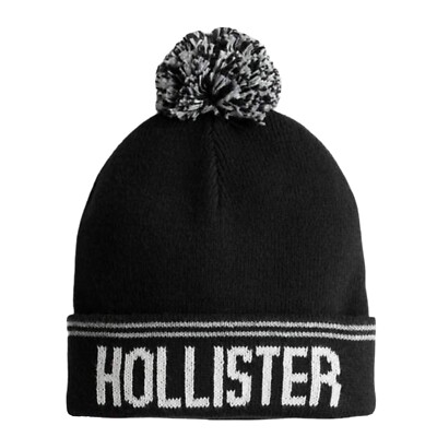 New BNWT Hollister Knit Logo Black Pom Beanie One Size Men