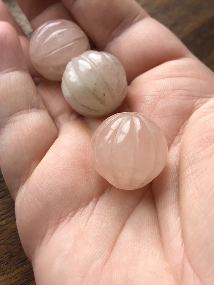 Old Stock Genuine Carved Rose Quartz Stone Pumpkin Beads Lot Of 3 20mm - Image 3 of 4