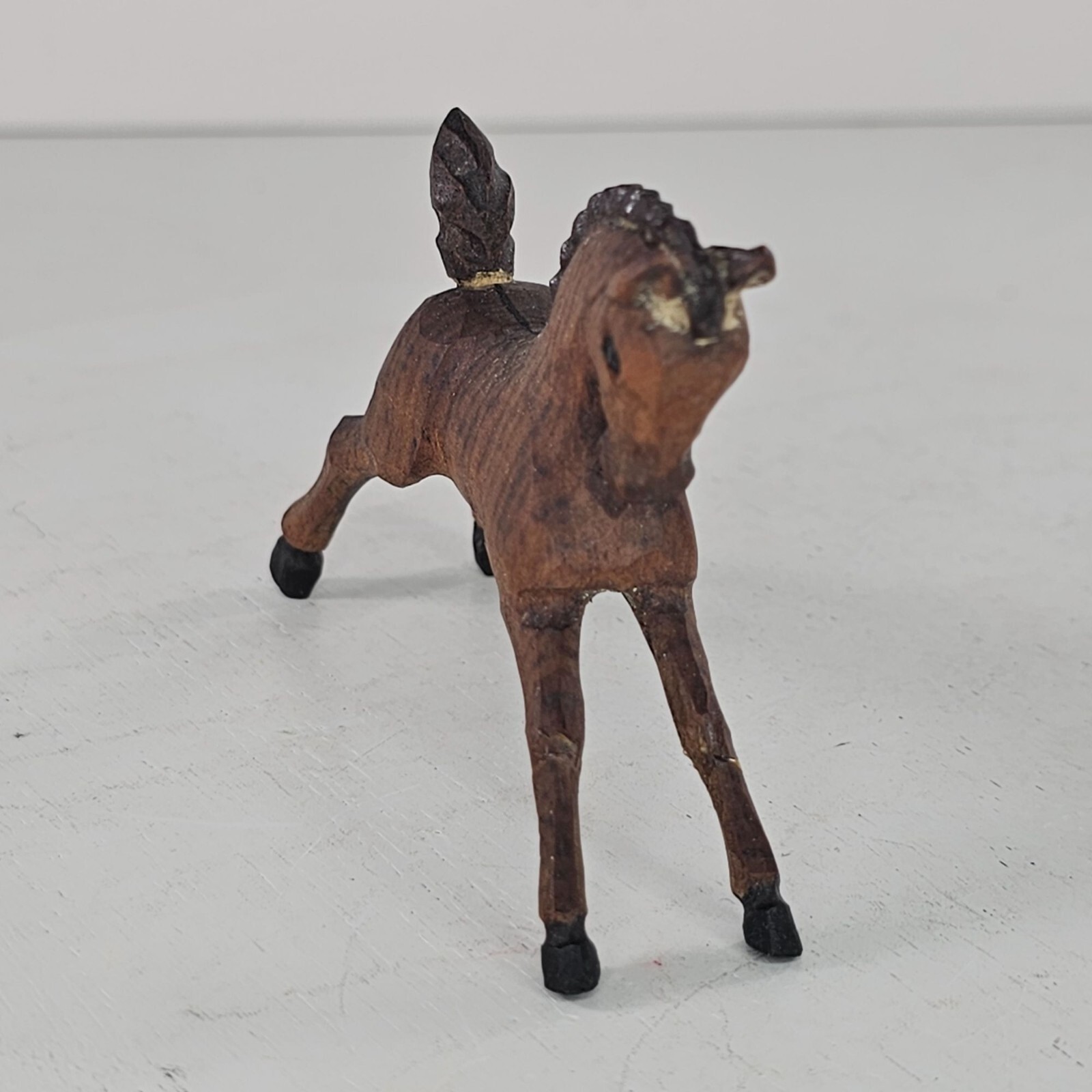 Vintage Hand-Carved Wooden Horse Figure Foal Black Hooves REPAIR Folk Art