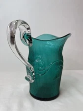 Vintage Ribbed Turquoise Green Glass Pitcher 8"