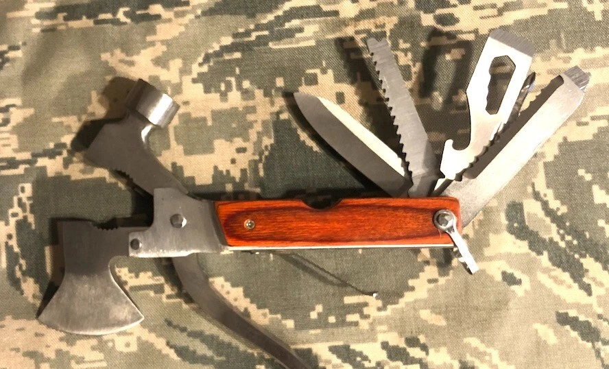 Multi Tool Hatchet  Hammer  Saw  Pliers File  Case + Tactical Pocket Knife - cr