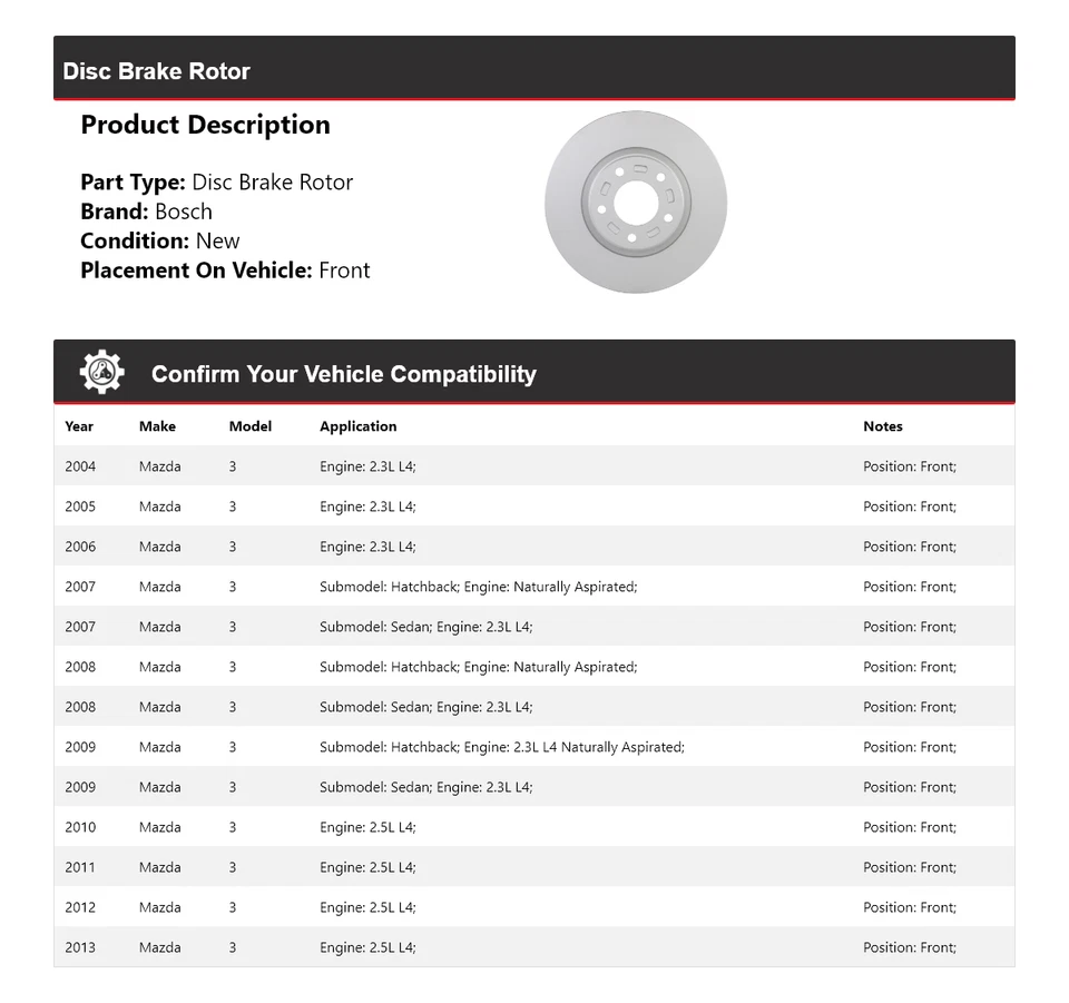 Rotor de freno de disco delantero para Mazda 3 Bosch QuietCast 2004-2013 2005 2006 2007 2008 Foto 2 de 4