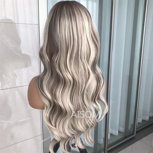 Parrucche sintetiche frontali Body Wave Highlight Cenere Biondo Cenere Pizzo Pre Spuffate Lunghe Ondulate - Foto 20 di 34