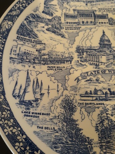 VTG Vernon Kilns USA Pottery Wisconsin Landmark Souvenir State Plate 10.25" blue - Picture 3 of 6