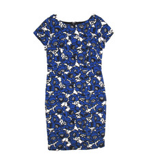 TALBOTS Blue PONTE KNIT Zip FLORAL PRINT Cap Sleeve MIDI SHEATH DRESS Sz 8