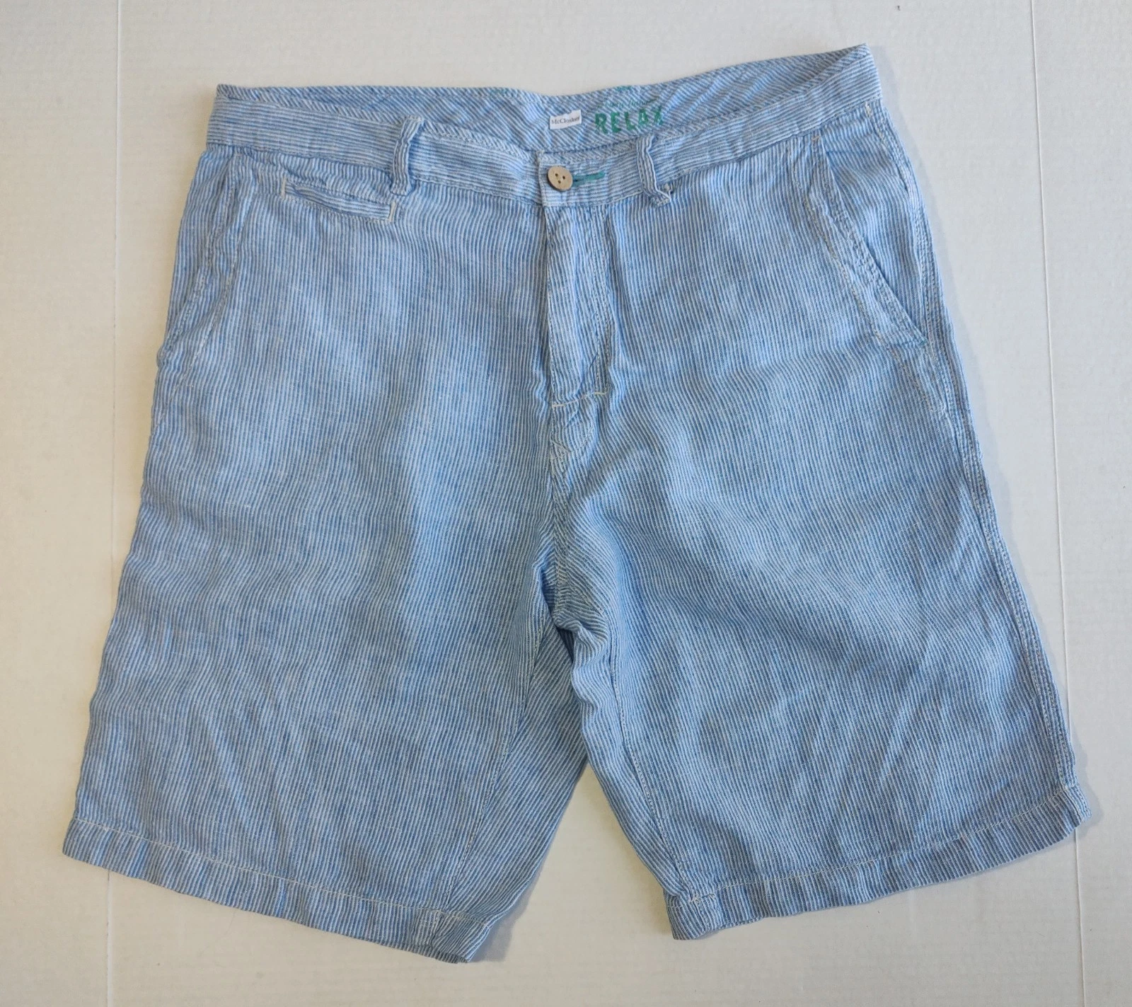 Tommy Bahama Relax Linen Shorts Mens 33 Blue White Hickory Stripe Chino Beach